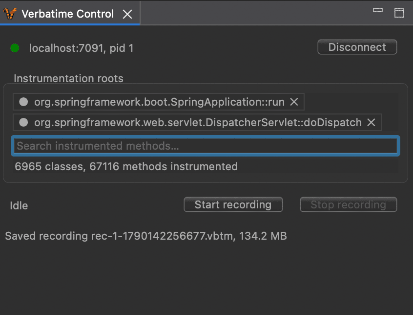 The Verbatime Control view, connected to localhost:7091 with two roots