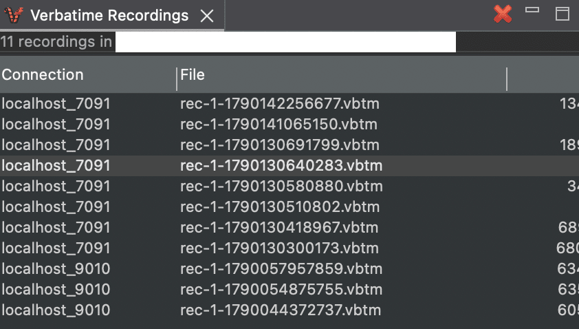 The Verbatime Recordings view, listing the recordings saved on this machine